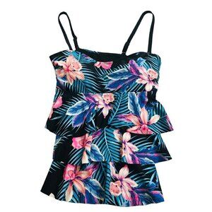Island Waves Black Floral Tropical Print Tankini Top Size M